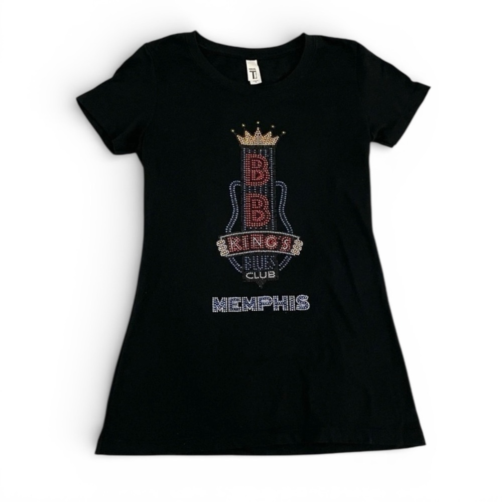 MEMPHIS BB KING’S Women’s Souvenir Black Bedazzled T-Shirt Size Small